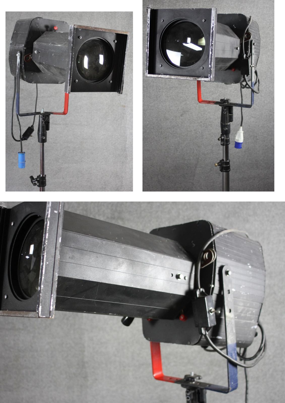Late 20th Century Theatre Follow Spot Lights Lamp On Adjustable Heavyweight Tripod Base Two In Stock, Price Per Lamp Ol photo for sale