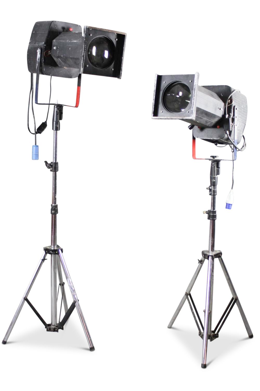 Late 20th Century Theatre Follow Spot Lights Lamp On Adjustable Heavyweight Tripod Base Two In Stock, Price Per Lamp Ol