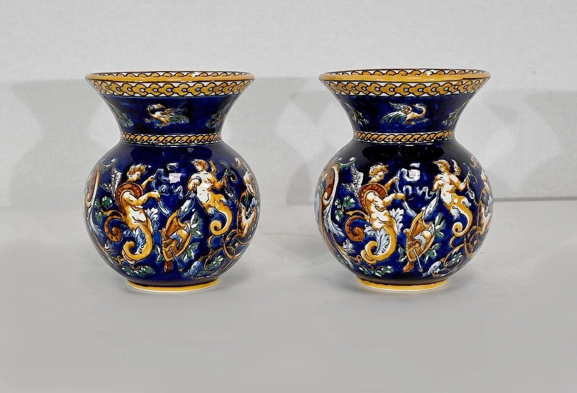 photo for sale Tray And Vases In Gien Earthenware, Renaissance Style, Early 20th Century