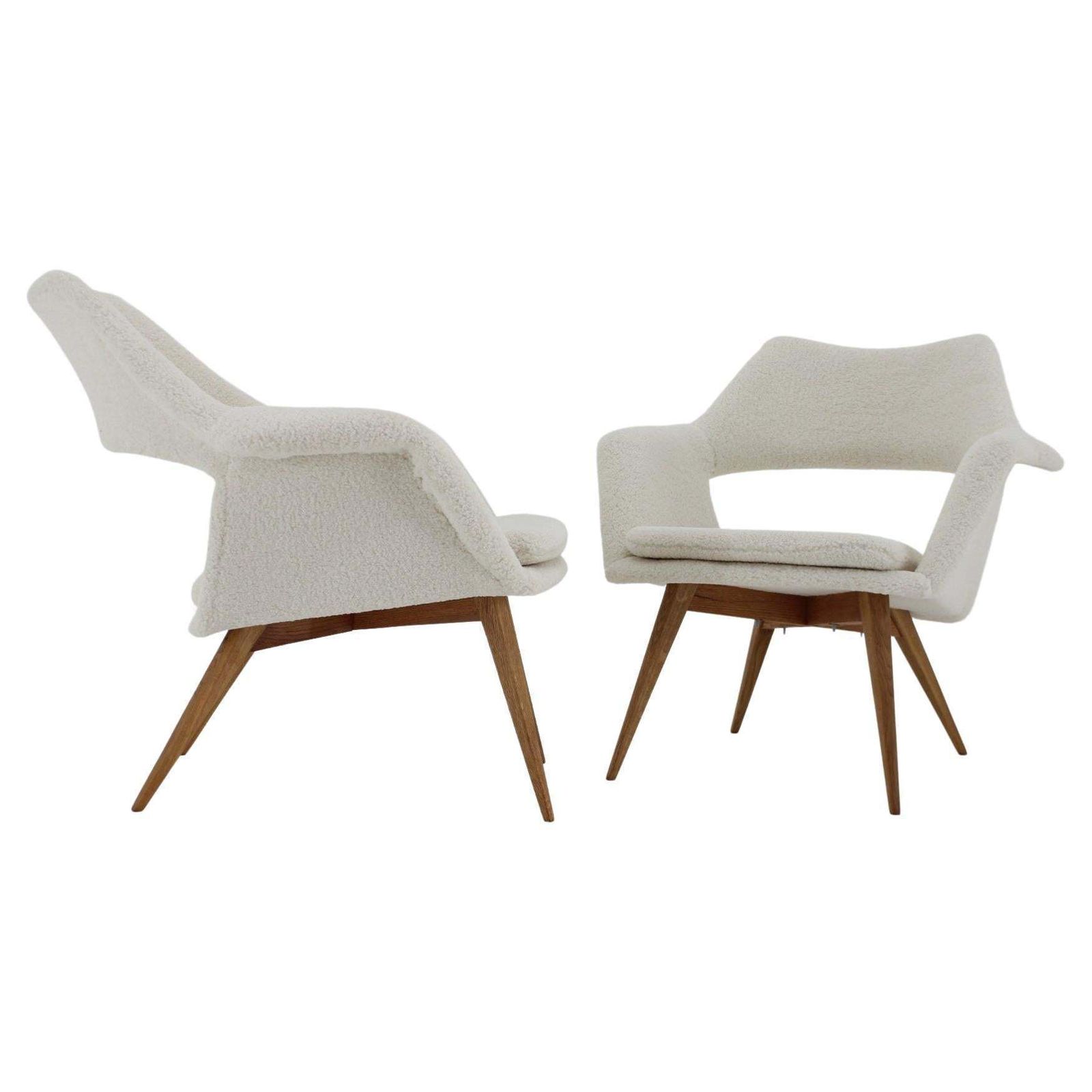 1960s Pair Of Rare Miroslav Navratil Shell Lounge Chairs In Sheepskin Fabric, C