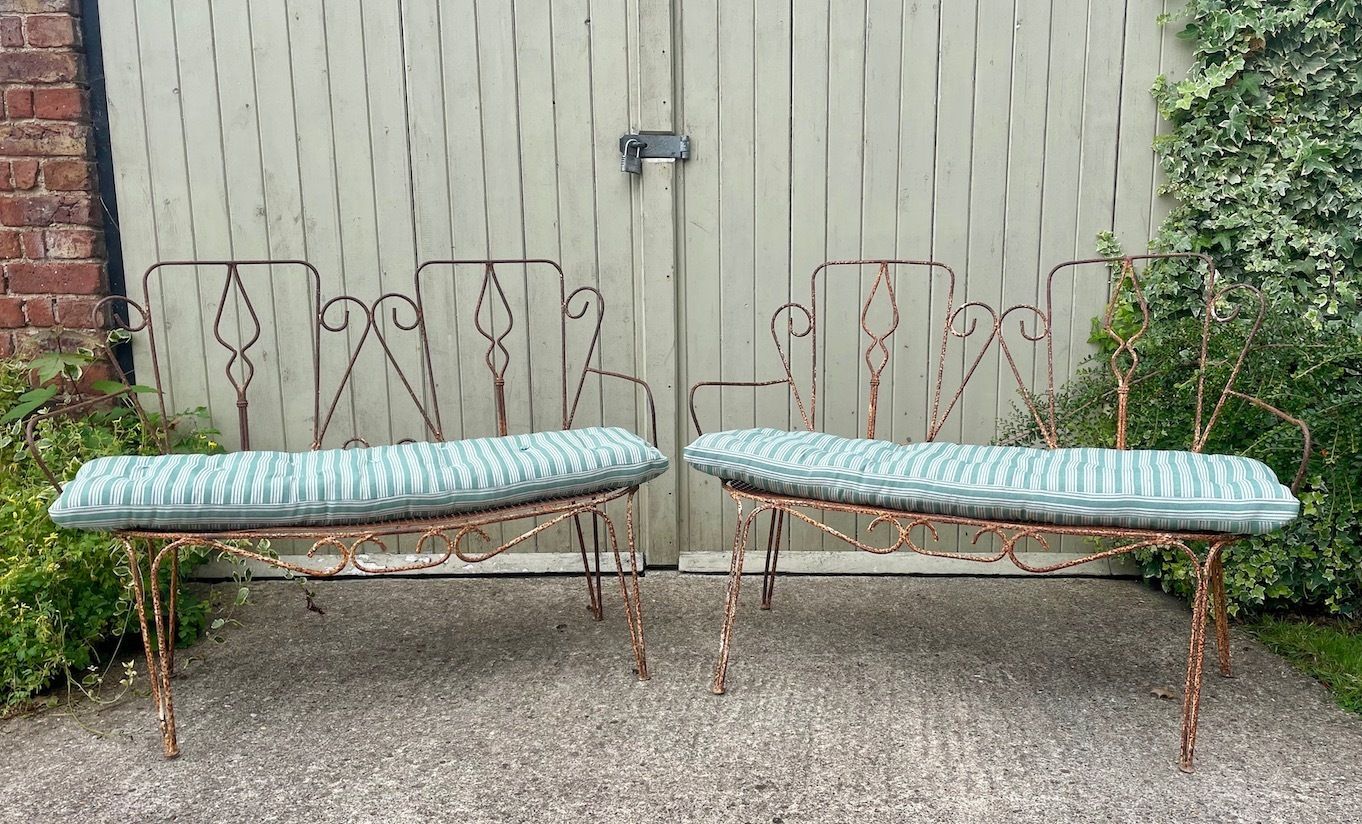 A Rare Pair Of Antique French Metal Outdoor Benches photo furniture
