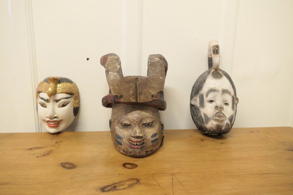 3 Carved Wooden Ceremonial Masks From Nigeria, Africa And Indonesia