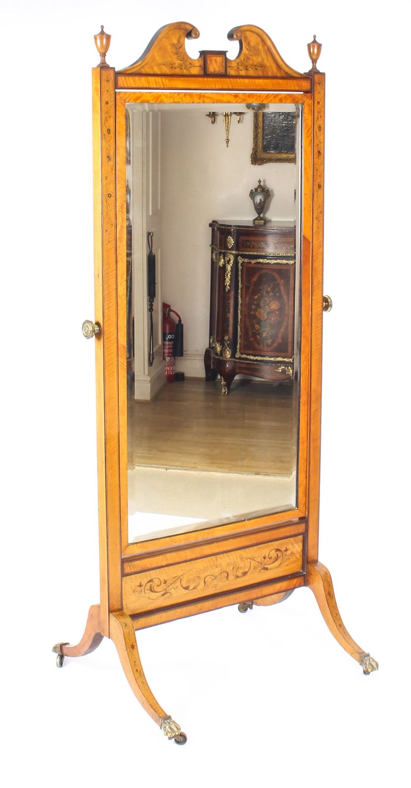photo vintage Edwardian Satinwood Marquetry Inlaid Cheval Mirror C.1900