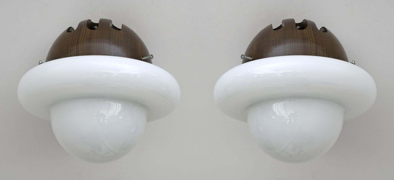 1095.0 Pair Of Mid Century Modern Italian Opaline Glass And Wood Sconces, 1960s photo