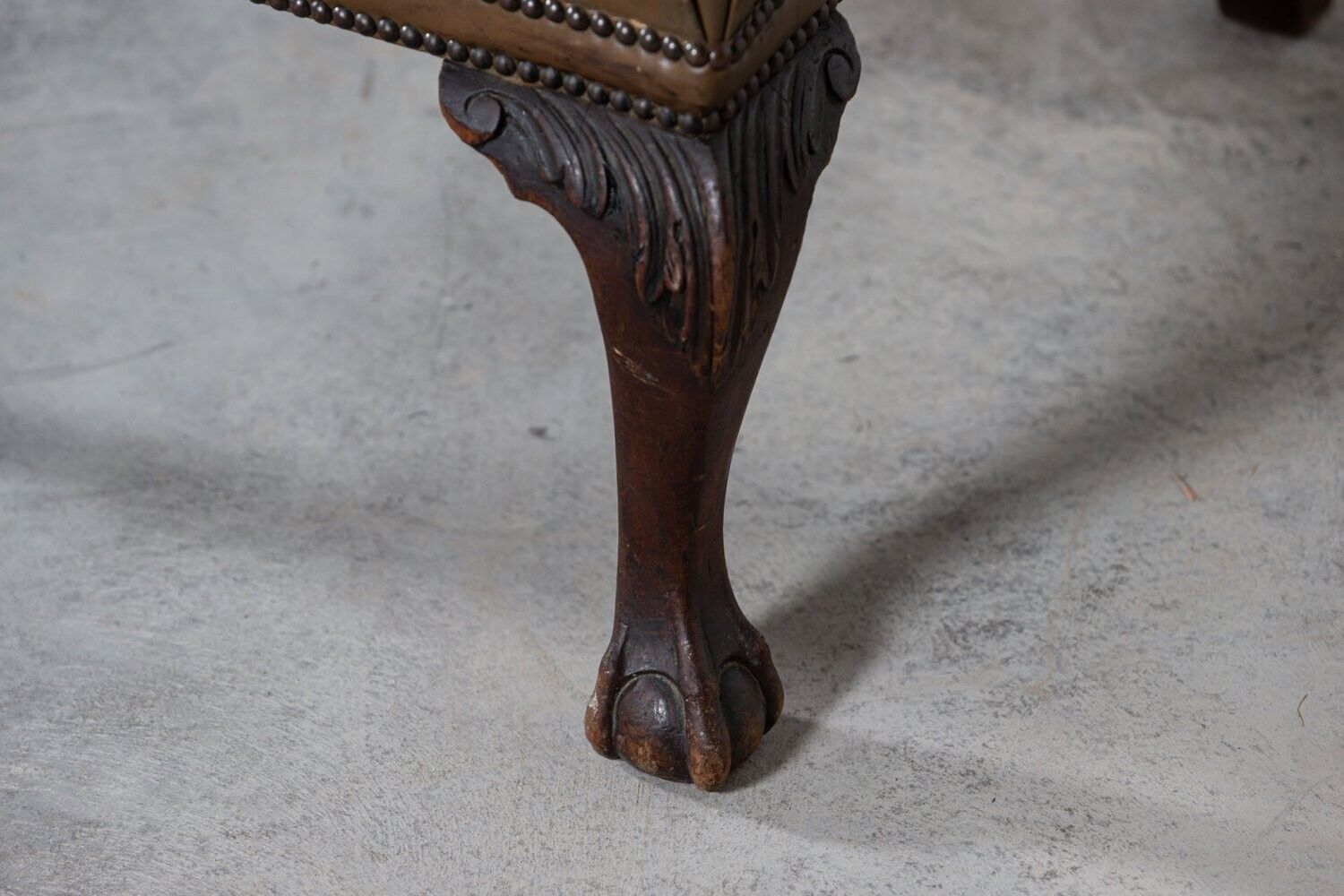 photo for sale Large 19thc English Olive Leather & Mahogany Wingback Armchair
