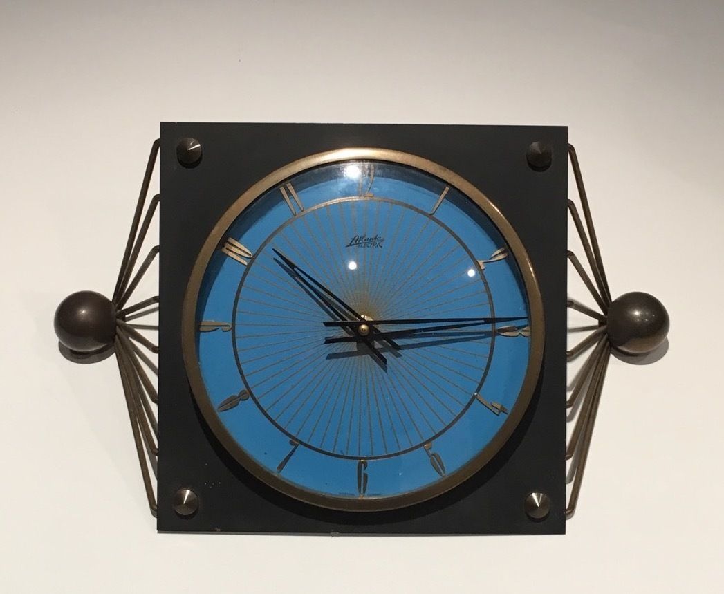 Home Decor Clock In Lacquered Metal, Glass And Brass. Around 1950 photo