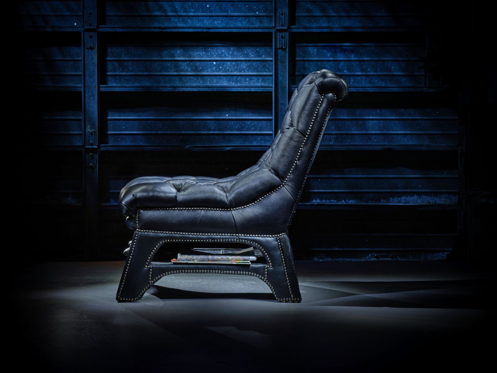 The Vintage Black Leather Motorcycle Jacket 'Bikers Rest’ Chair. photo furniture