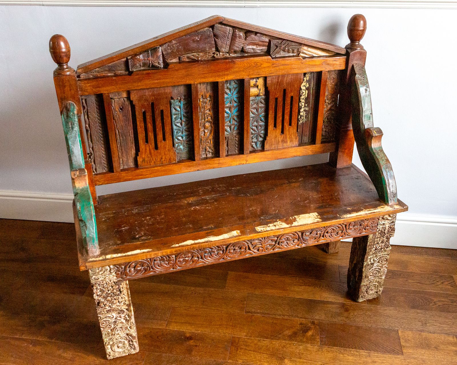 Antique Indian Carved Teak Bench Rajasthan Reclaimed Decorative Salvage Bench 19th Century photo vintage