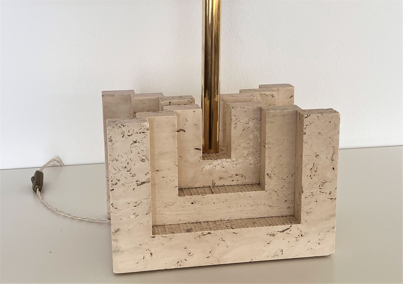Italian Mid Century Large Travertine Marble Table Lamp With New Lampshade, 1970s photo for sale