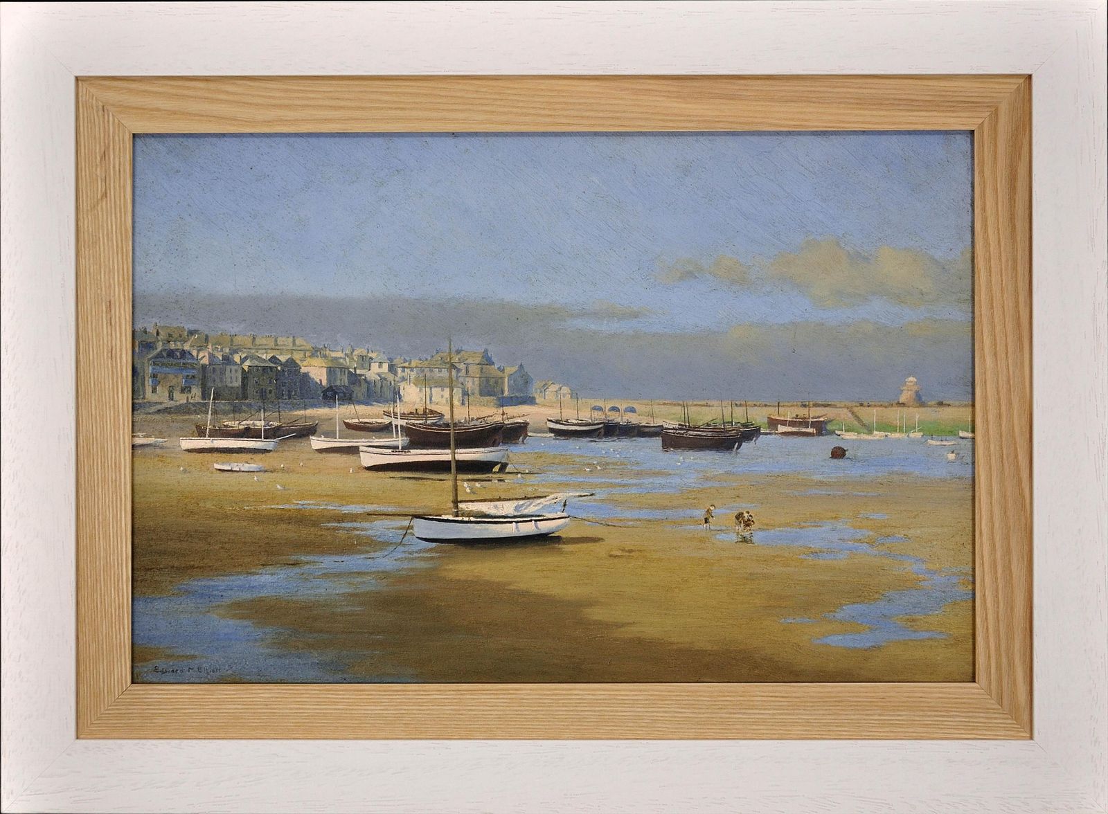Edward Matthew Elliott 1869 To 1955. St Ives Harbour At Low Tide. Edwardian Cornwall. Circa 1900s. Framed Cornish Oil Painting.