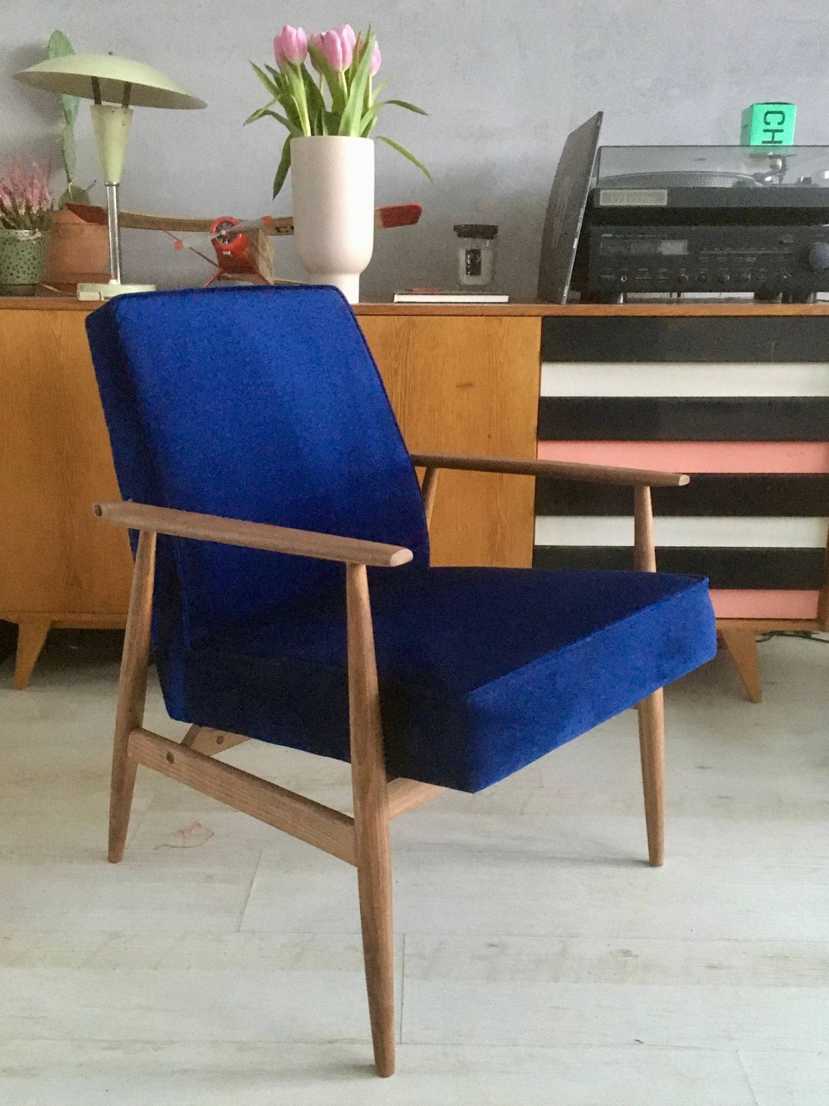 Original Vintage Polish Armchair 300 190 From Mid Century In Navy Blue Velvet Personalization!