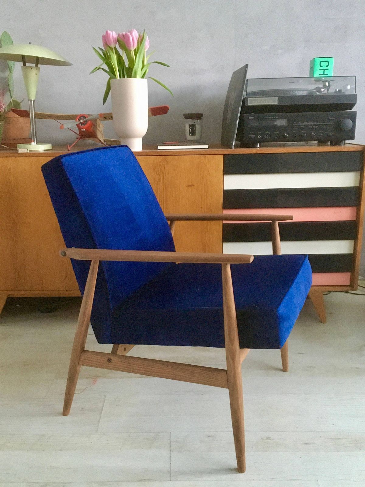 Original Vintage Polish Armchair 300 190 From Mid Century In Navy Blue Velvet Personalization! photo 351.0