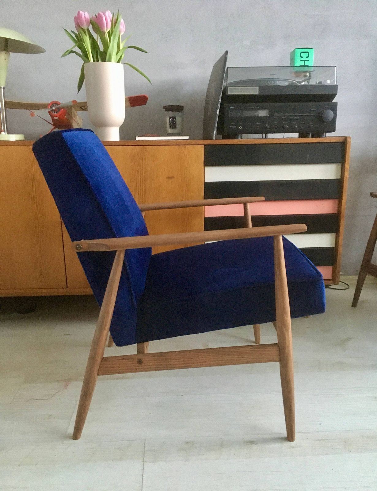 Original Vintage Polish Armchair 300 190 From Mid Century In Navy Blue Velvet Personalization! photo vinterior