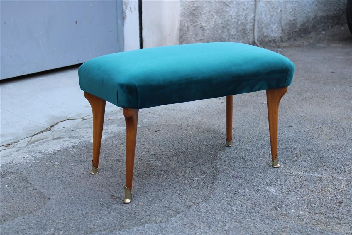 Mid Century Italian Stool Green Velvet Maple And Brass Feet photo for sale