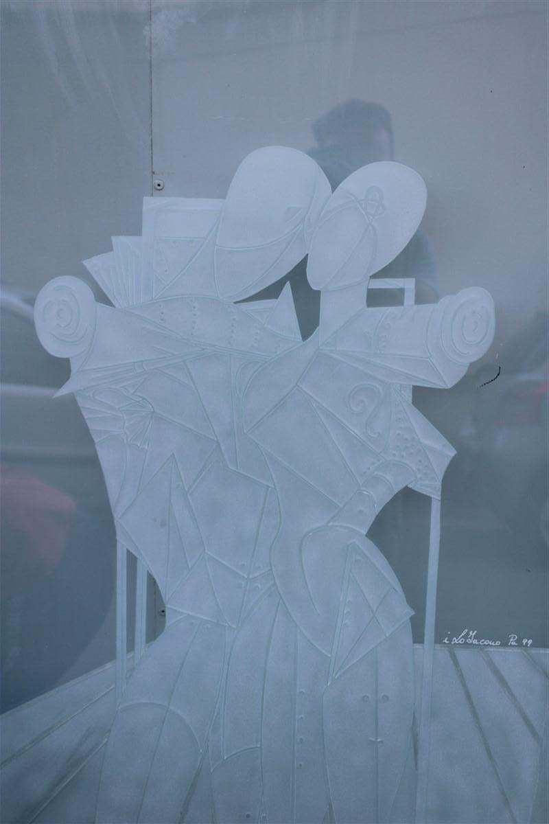 photo for sale Giorgio De Chirico Large Thick Glass Slab Engraved With Ettore And Andromaca