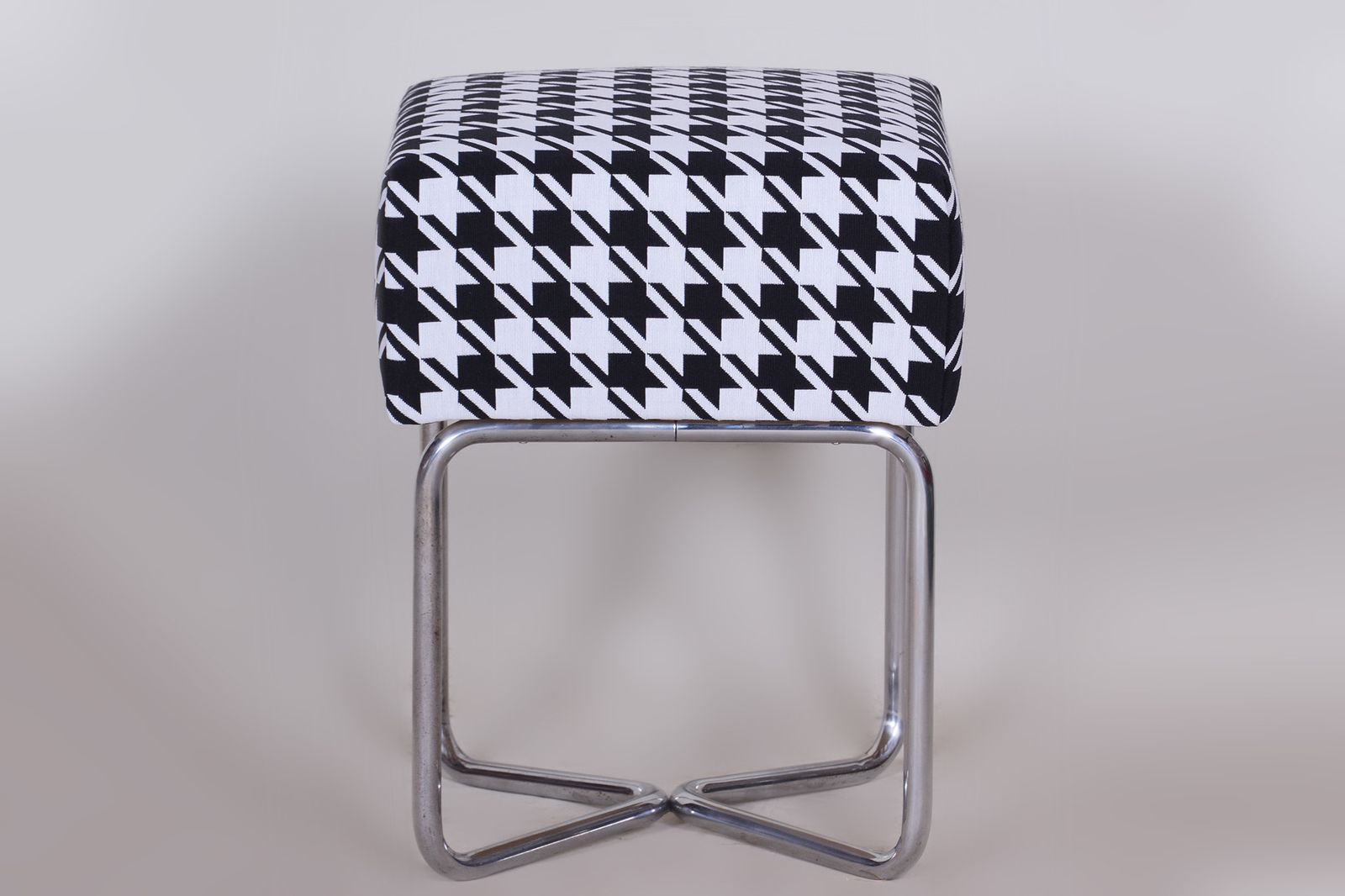 Small Chrome Black & White Stool By Sab, Made In The 1930s, New Upholstery photo furniture