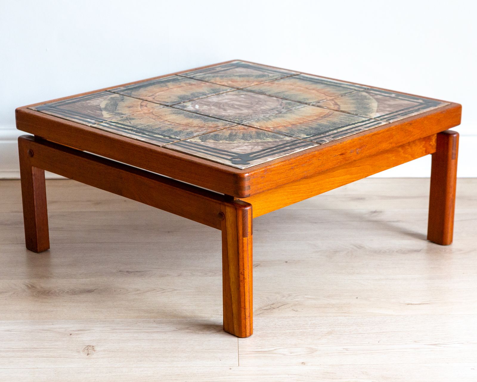 Signed Danish Ceramic Tiled Floating Ox Art Trioh Coffee Table Scandinavian 1970s Mid Century photo vintage