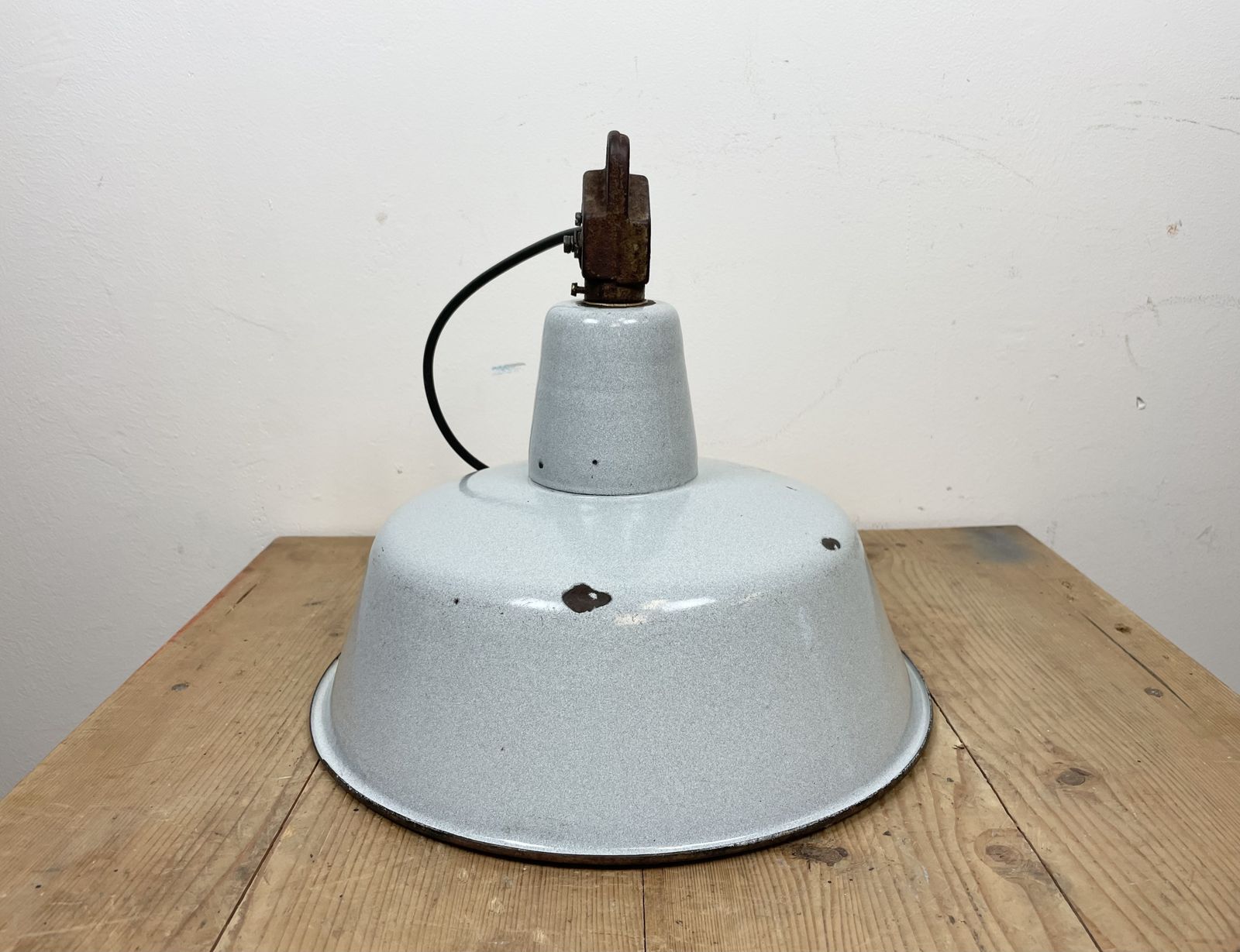 photo buy Industrial Grey Enamel Factory Lamp With Cast Iron Top, 1960s  2x