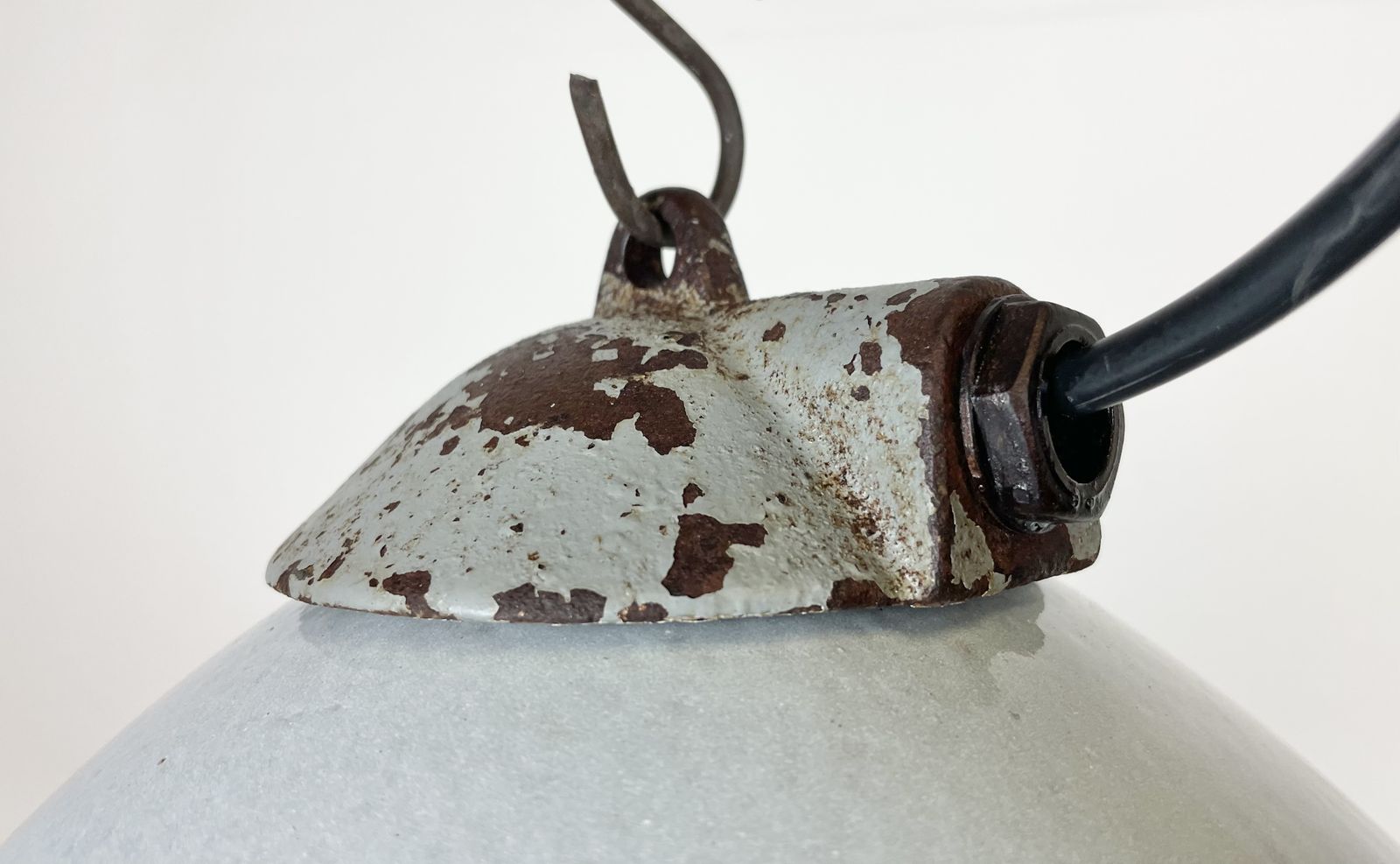 Industrial Grey Enamel Factory Lamp With Cast Iron Top From Zaos, 1960s photo vinterior