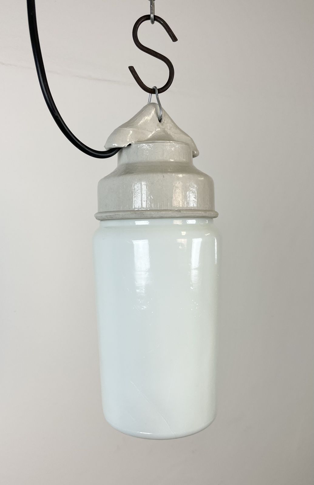 Industrial White Porcelain Pendant Light With Milk Glass, 1970s, 4x photo vinterior