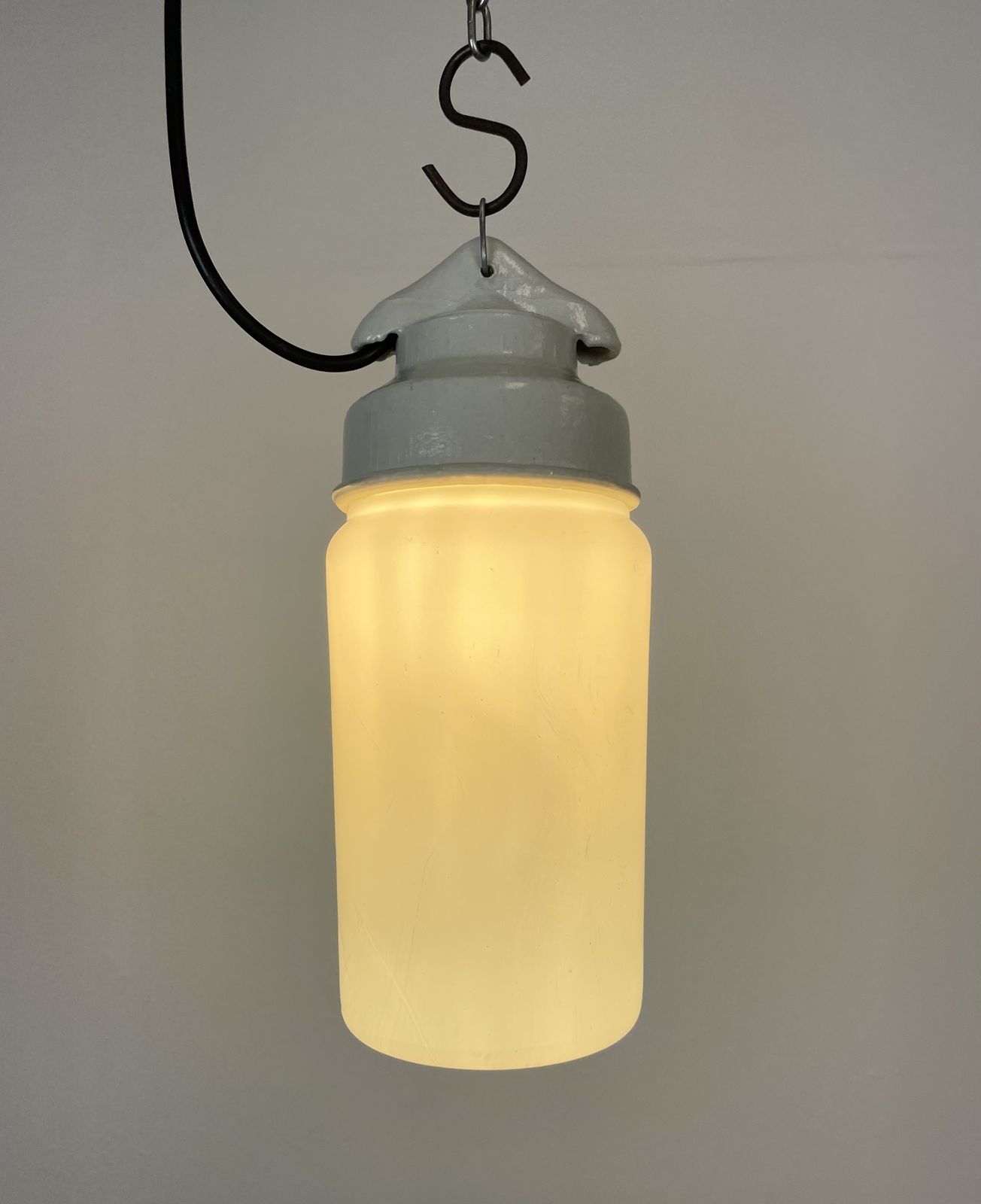 photo furniture Industrial White Porcelain Pendant Light With Milk Glass, 1970s, 4x