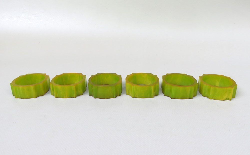 Art Deco Catalin Napkin Rings In Green Amber, Set Of 6 photo vinterior