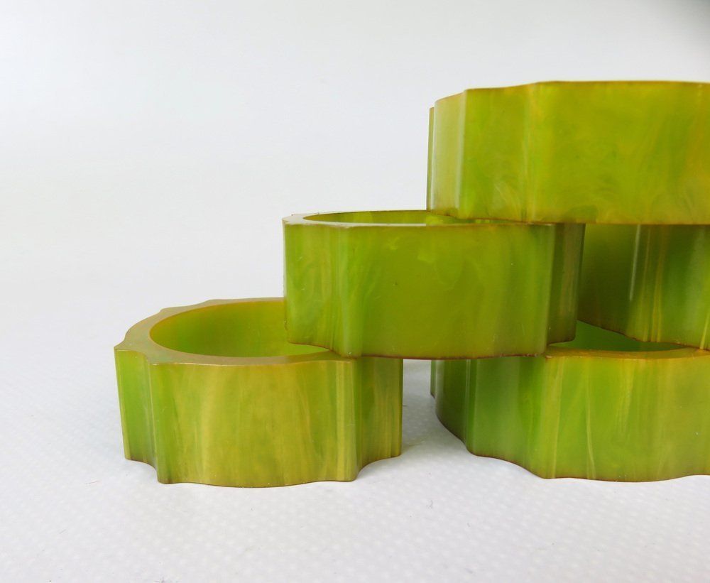 Art Deco Catalin Napkin Rings In Green Amber, Set Of 6 photo vintage