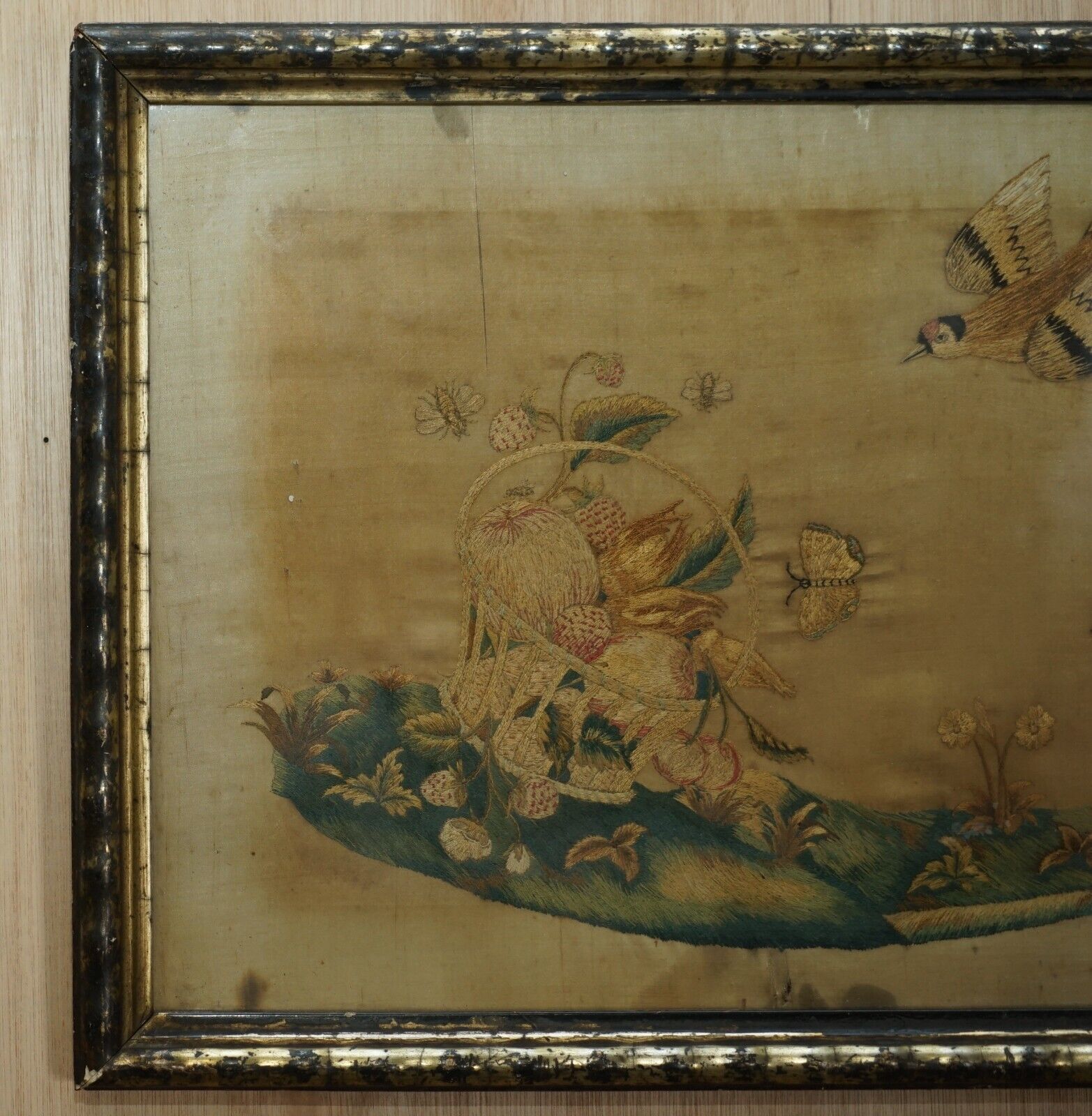 Pair Of 19th Century Silk Hand Woven Tapestries Pictures Depicting Birds Fruit photo for sale