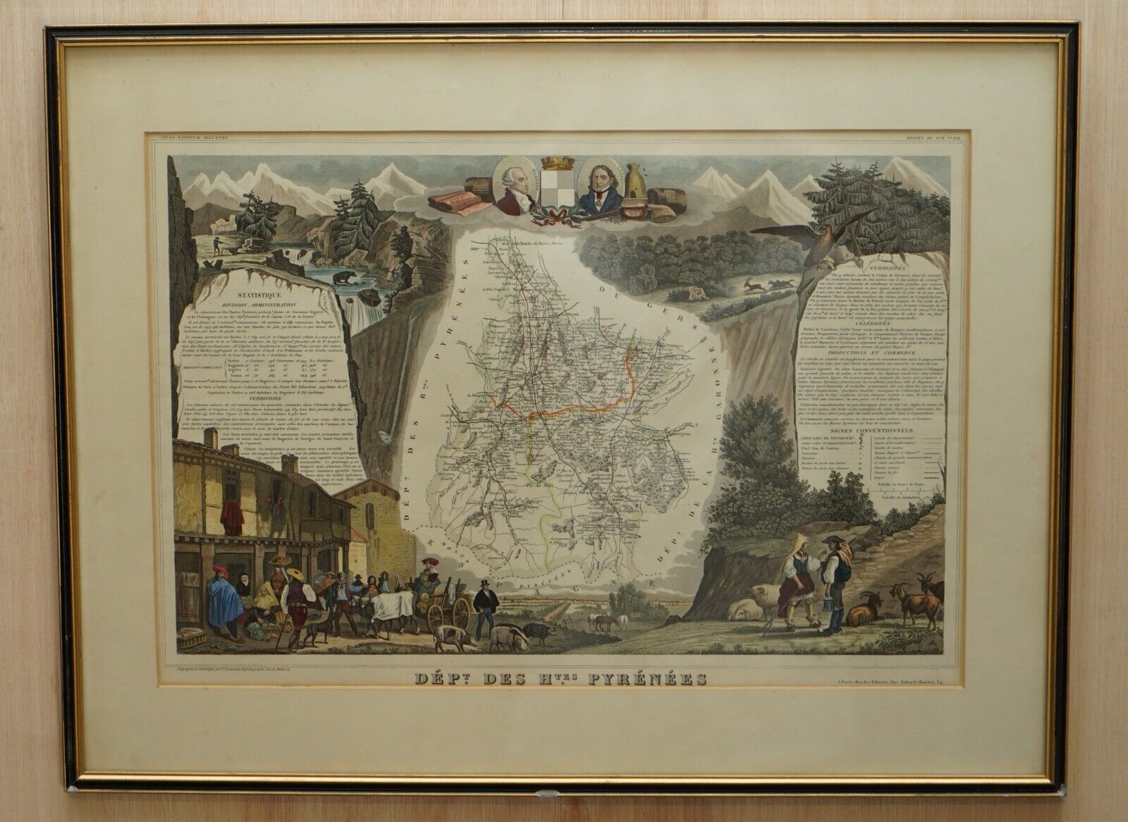 Fine French Antique 1856 Hand Watercolour Map Of Dept Des Hautes Pyrenees