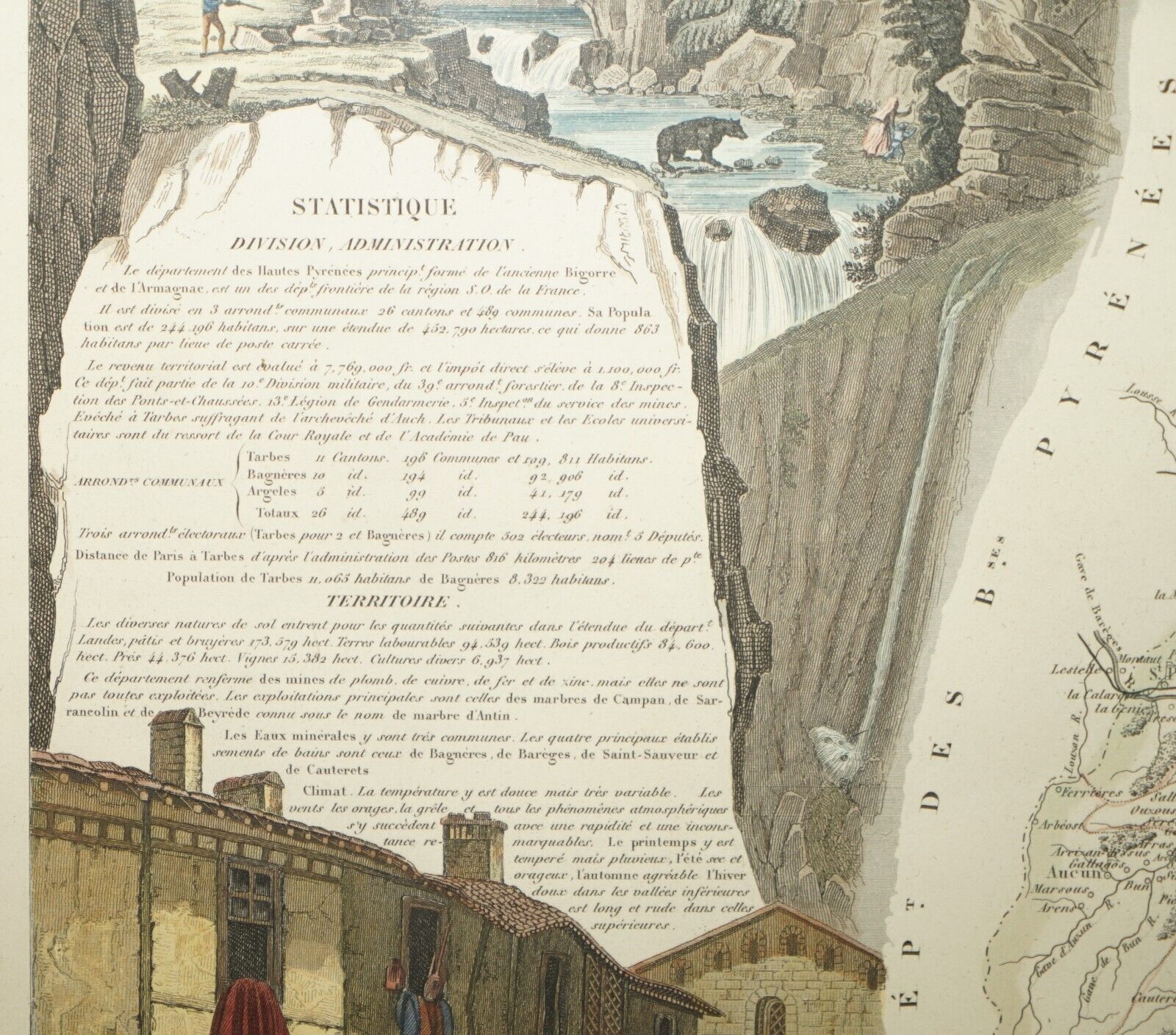 photo furniture Fine French Antique 1856 Hand Watercolour Map Of Dept Des Hautes Pyrenees