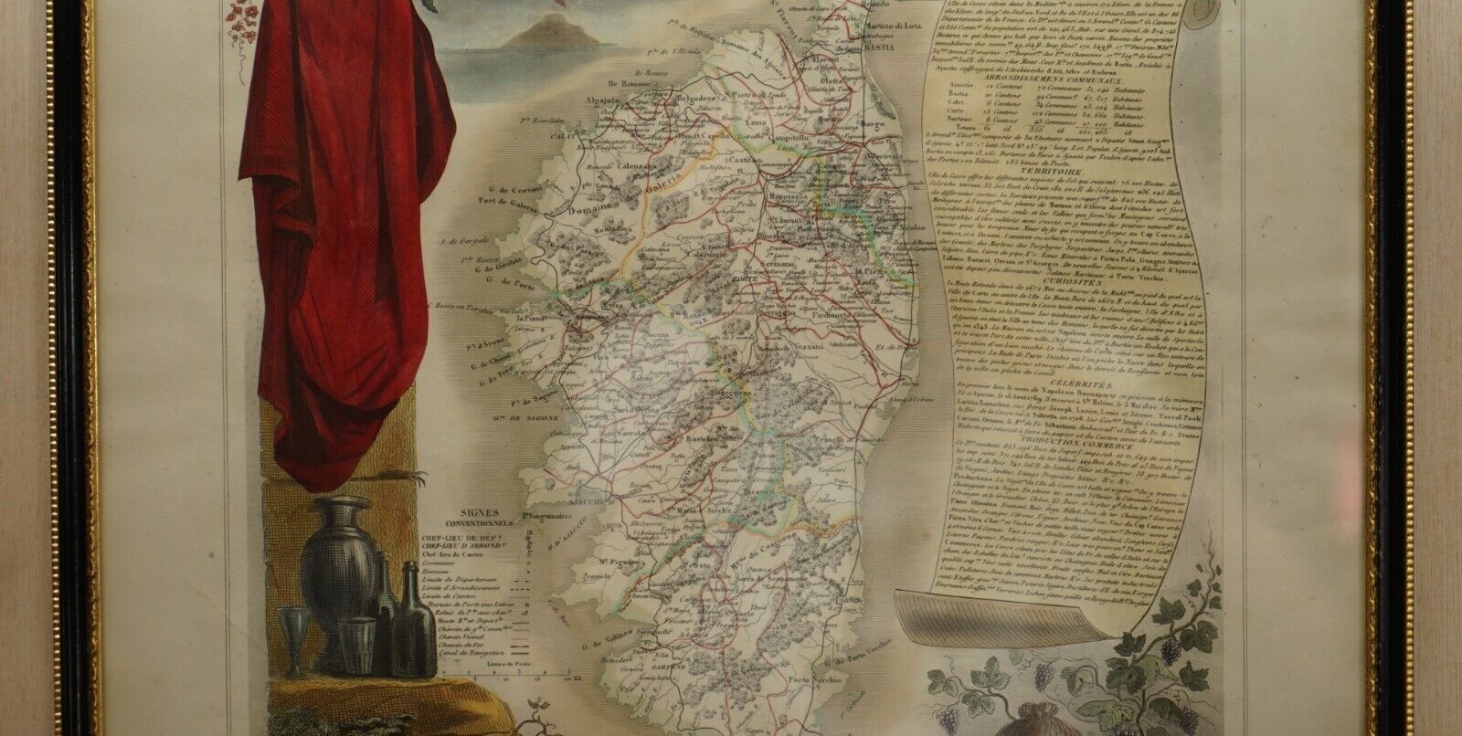Beautiful Colour French Antique 1856 Hand Watercolour Map Of Dept Des La Corse photo for sale
