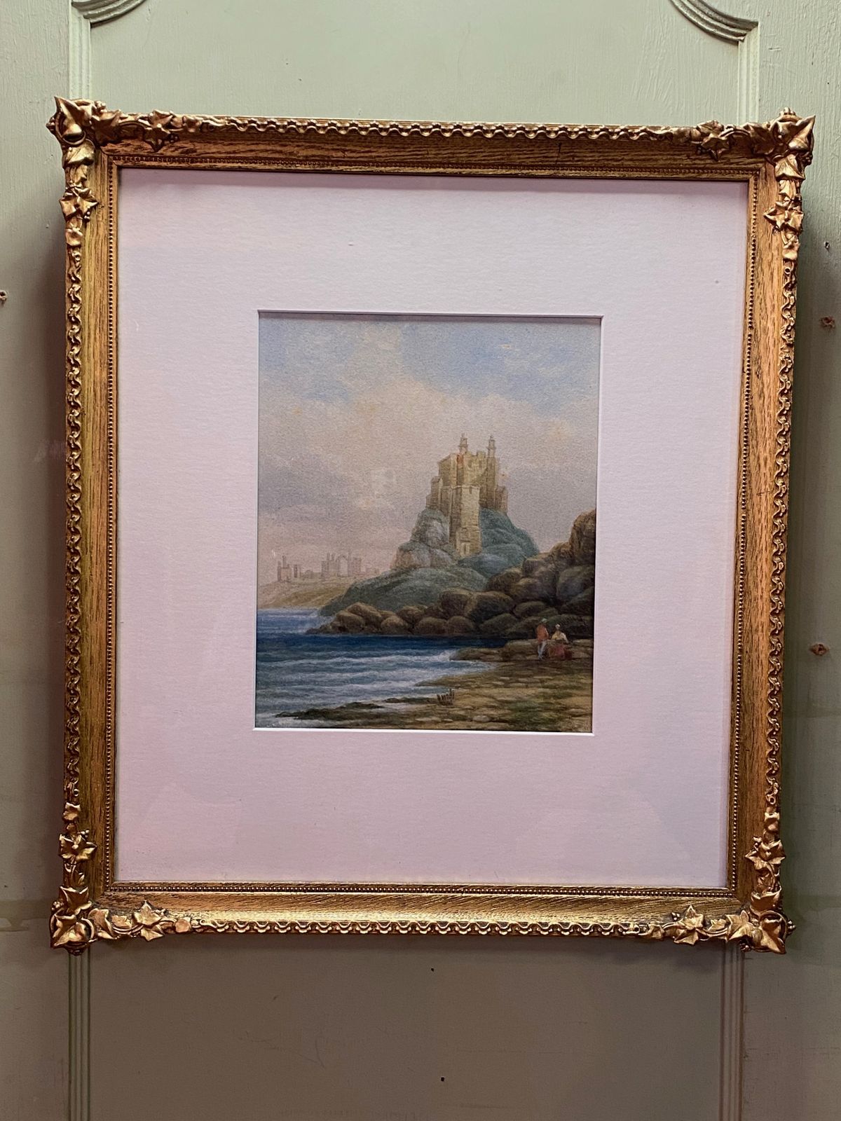 Watercolour Painting   19th Century 'Castle On A Rocky Coast' In A Gilded Frame