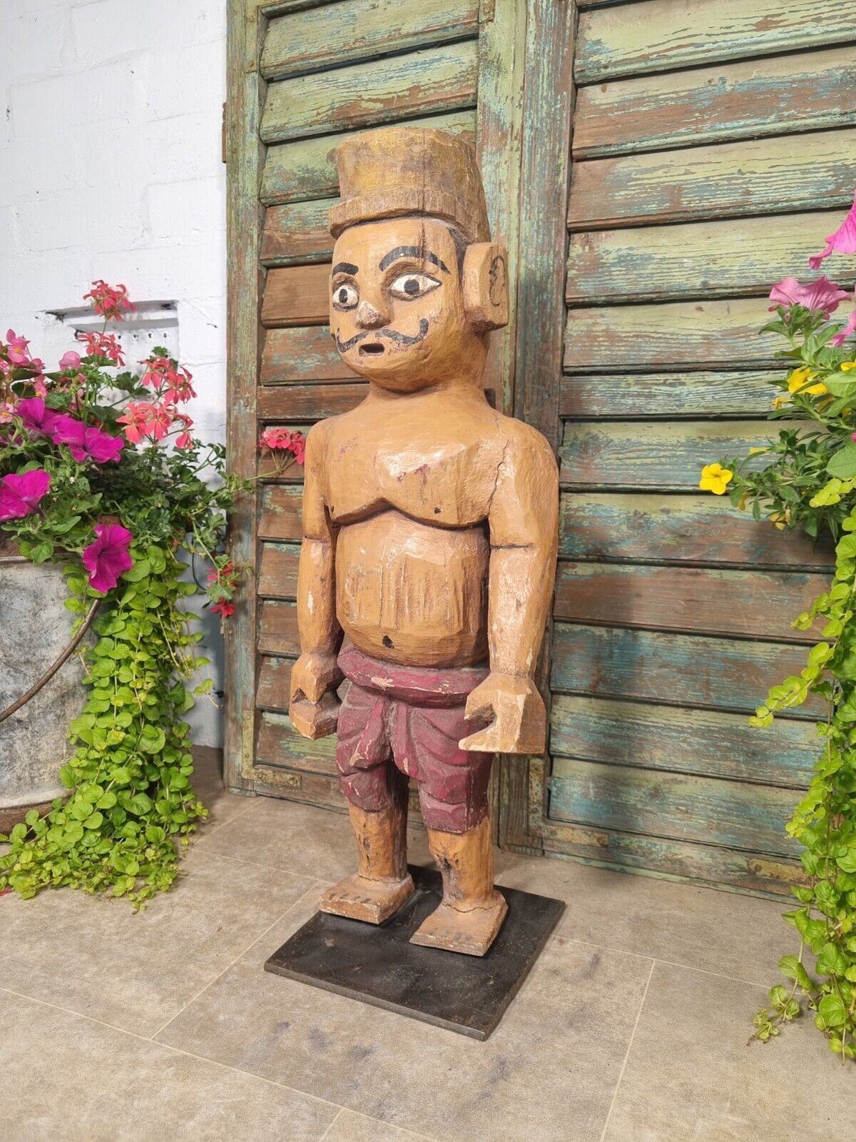Antique Indian Hand Carved Wooden Painted Sculpture On Stand photo furniture