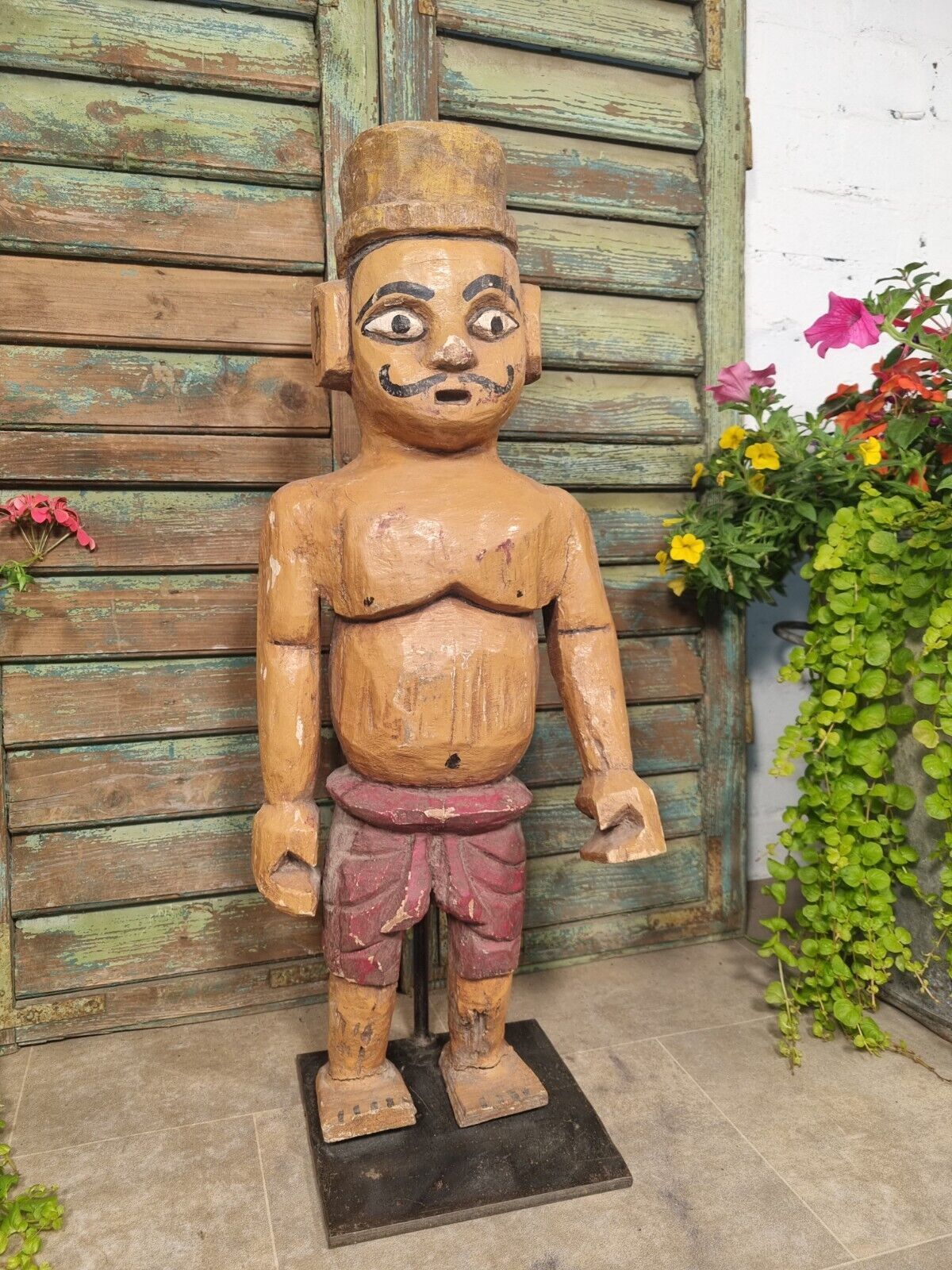 Antique Indian Hand Carved Wooden Painted Sculpture On Stand photo for sale