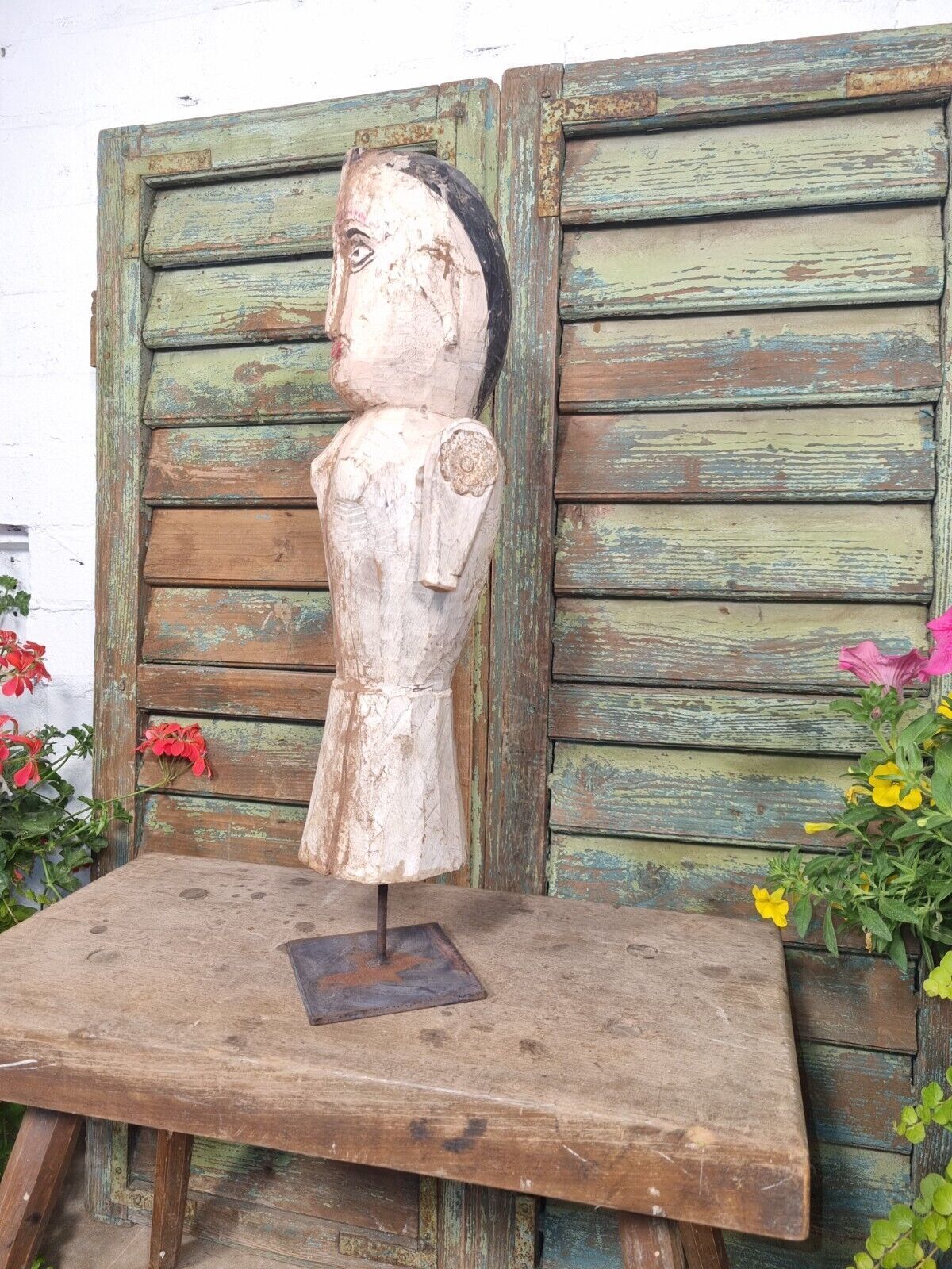 Antique Indian Hand Carved Wooden Painted Sculpture On Stand photo buy