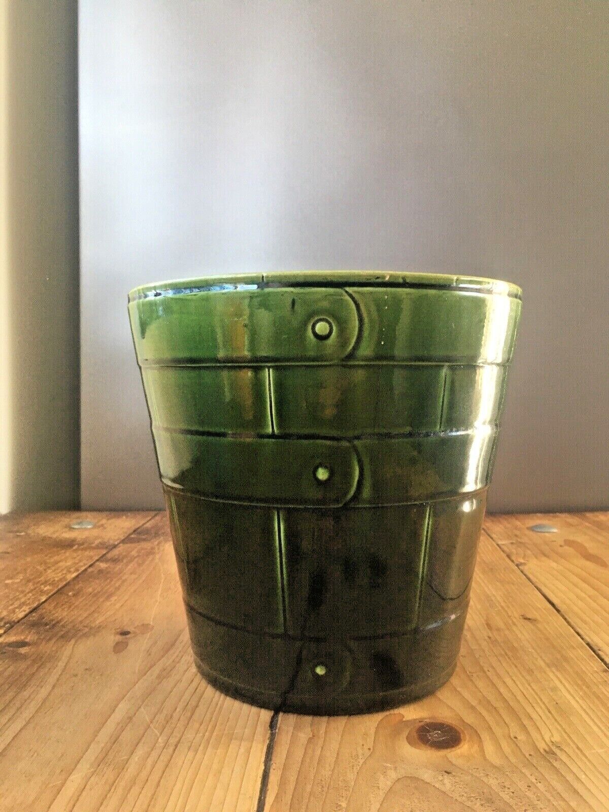 Antique Green Bretby Pottery Coopered Barrel Jardiniere Vase Plant Pot 2118 H photo for sale