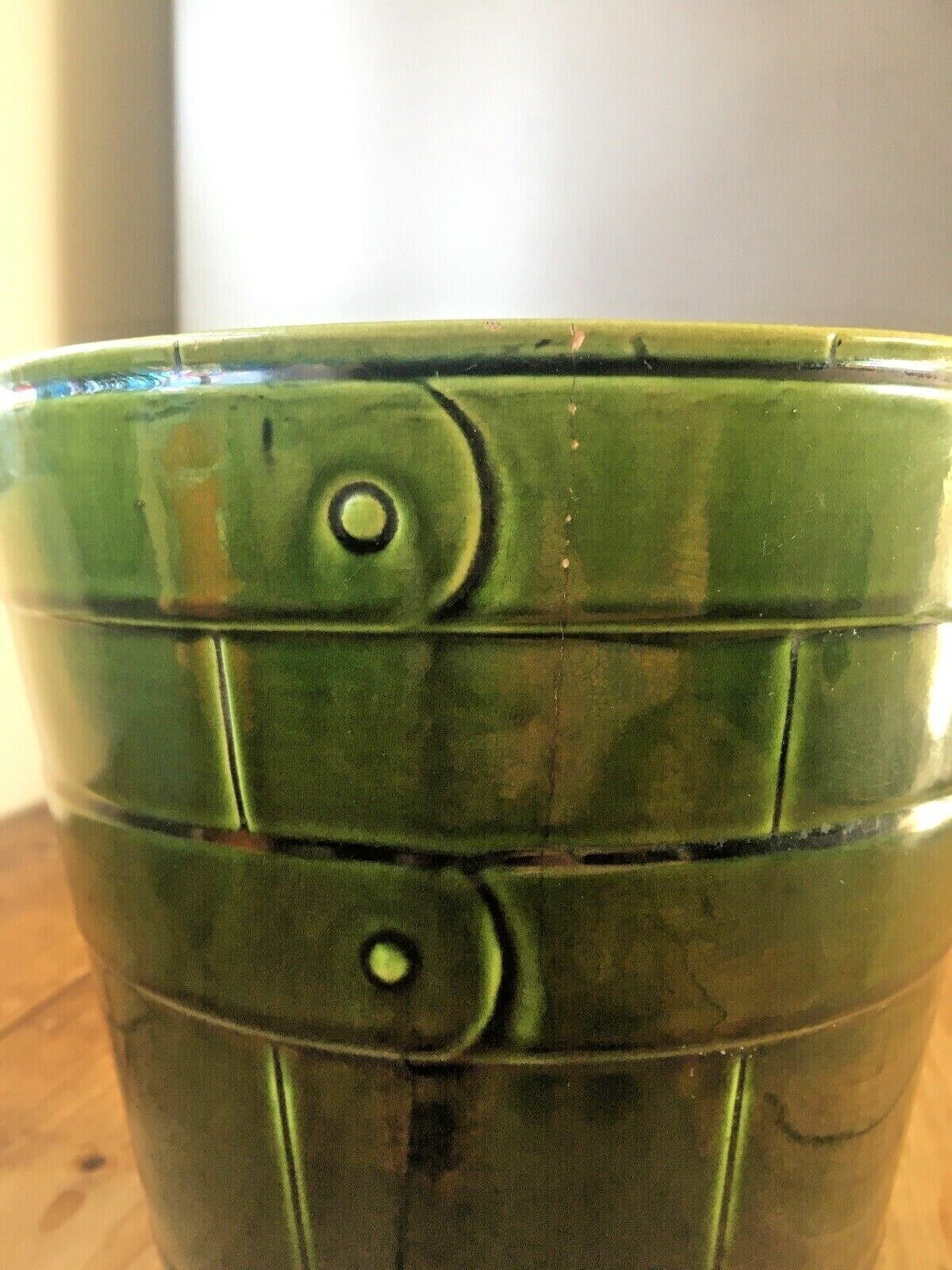Antique Green Bretby Pottery Coopered Barrel Jardiniere Vase Plant Pot 2118 H photo 110.0