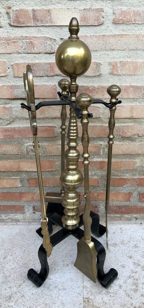 French Neoclassical Style Brass Fireplace Tools, 1970s, Set Of 5 photo furniture