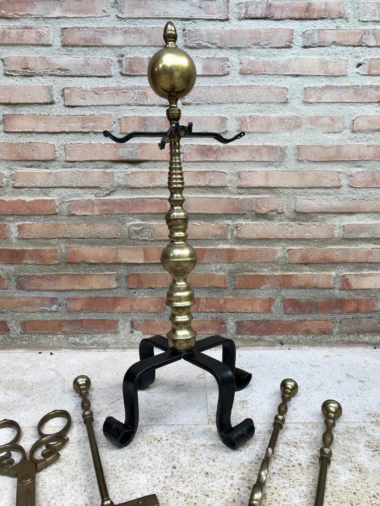 French Neoclassical Style Brass Fireplace Tools, 1970s, Set Of 5 photo for sale