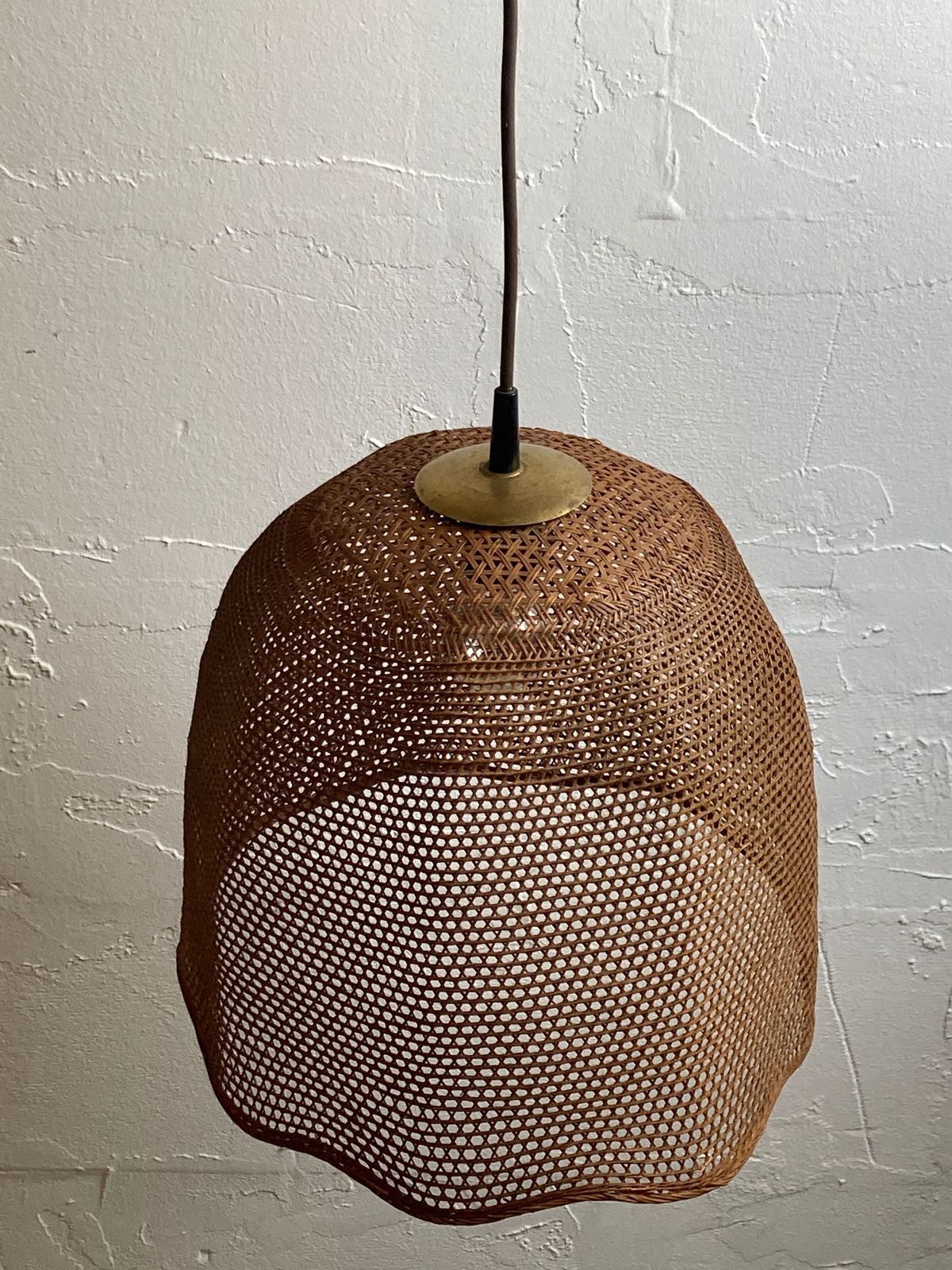 Rattan Wicker Webbing Beehive Pedant Hanging Lamp With Brass, Dutch 1960s photo for sale