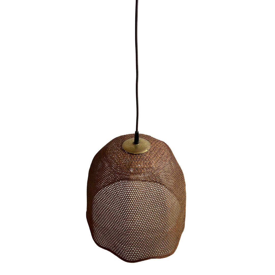 449.28 Rattan Wicker Webbing Beehive Pedant Hanging Lamp With Brass, Dutch 1960s photo