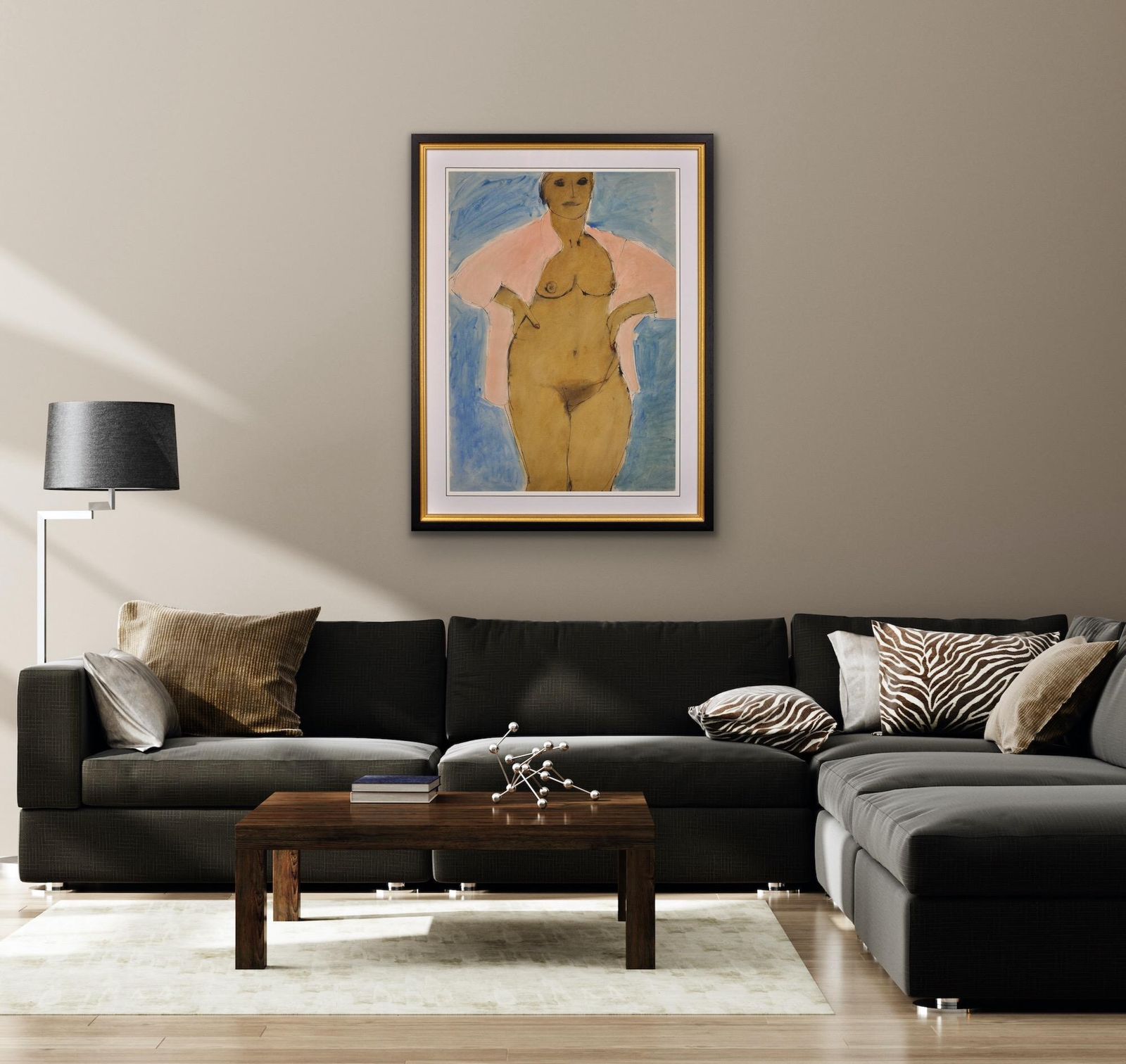 3295.0 John Emanuel 1930 To 2024. I Can’t Stay Away From You. 1980s Female Nude. Framed Watercolour Painting. A Mature Lady Wearing An Open Pink Shirt. photo