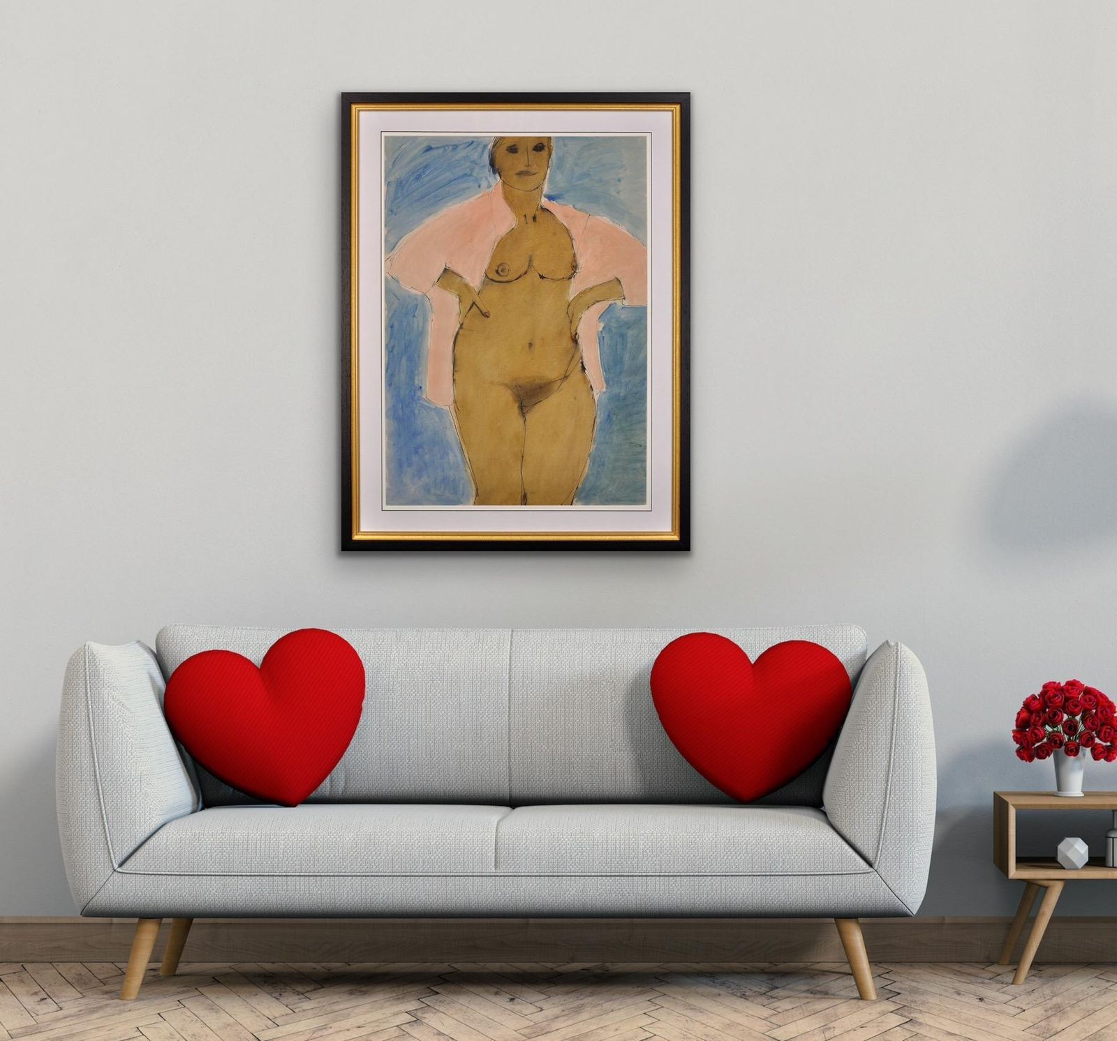 photo vintage John Emanuel 1930 To 2024. I Can’t Stay Away From You. 1980s Female Nude. Framed Watercolour Painting. A Mature Lady Wearing An Open Pink Shirt.