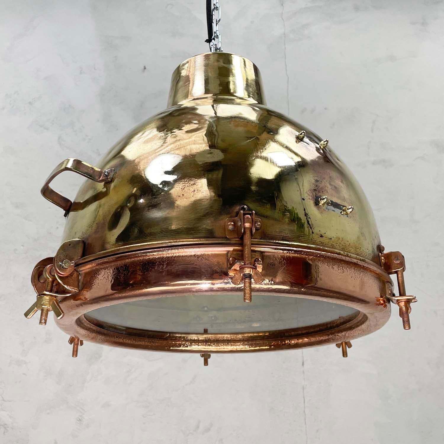 1960s Japanese Industrial Brass, Copper And Glass Dome Pendant Light