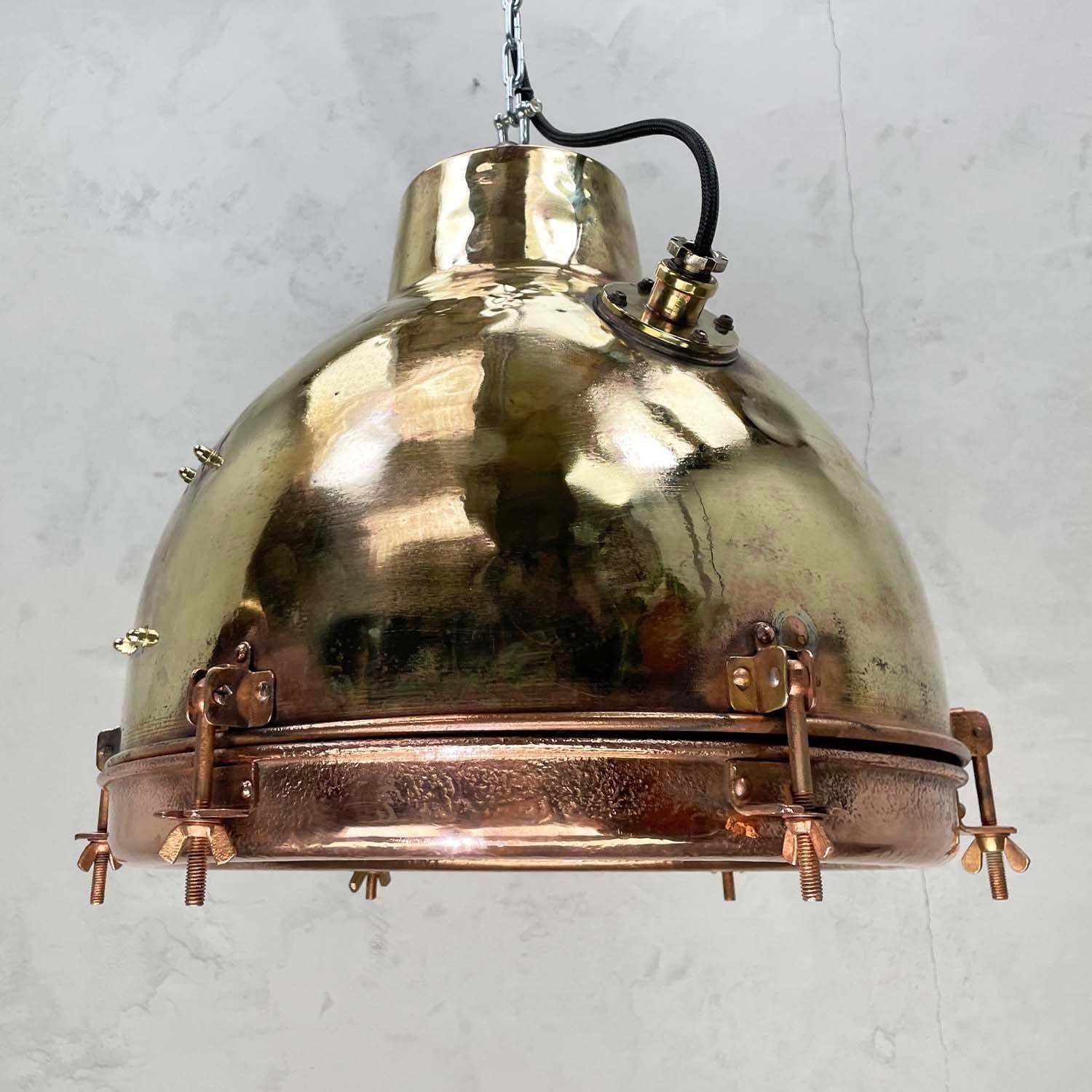 1960s Japanese Industrial Brass, Copper And Glass Dome Pendant Light photo vinterior