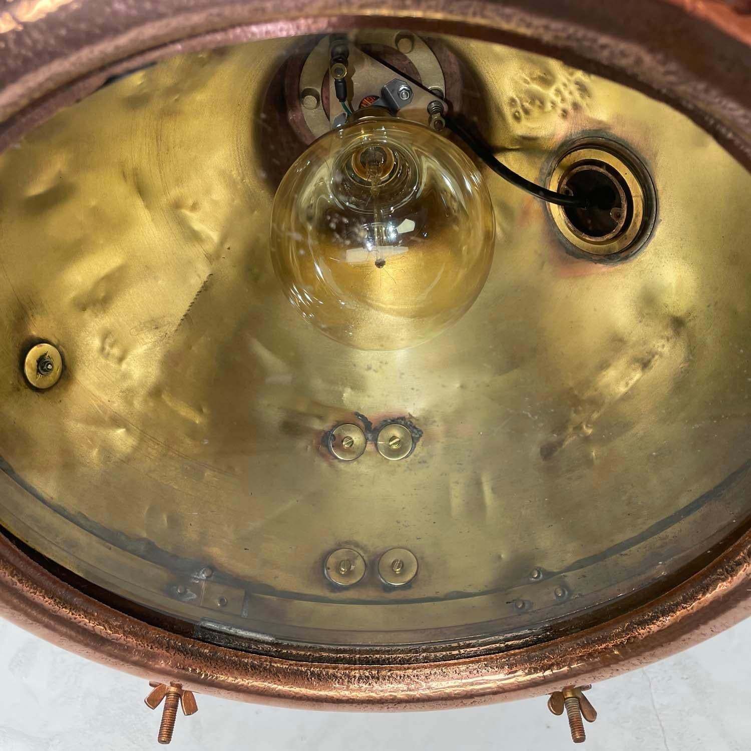 photo for sale 1960s Japanese Industrial Brass, Copper And Glass Dome Pendant Light