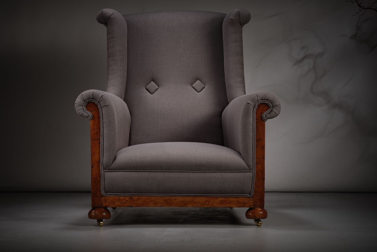 Quirky Deconstructed Oak Victorian Armchair In Grey Linen With Exposed Frame, Circa 1920’s photo buy