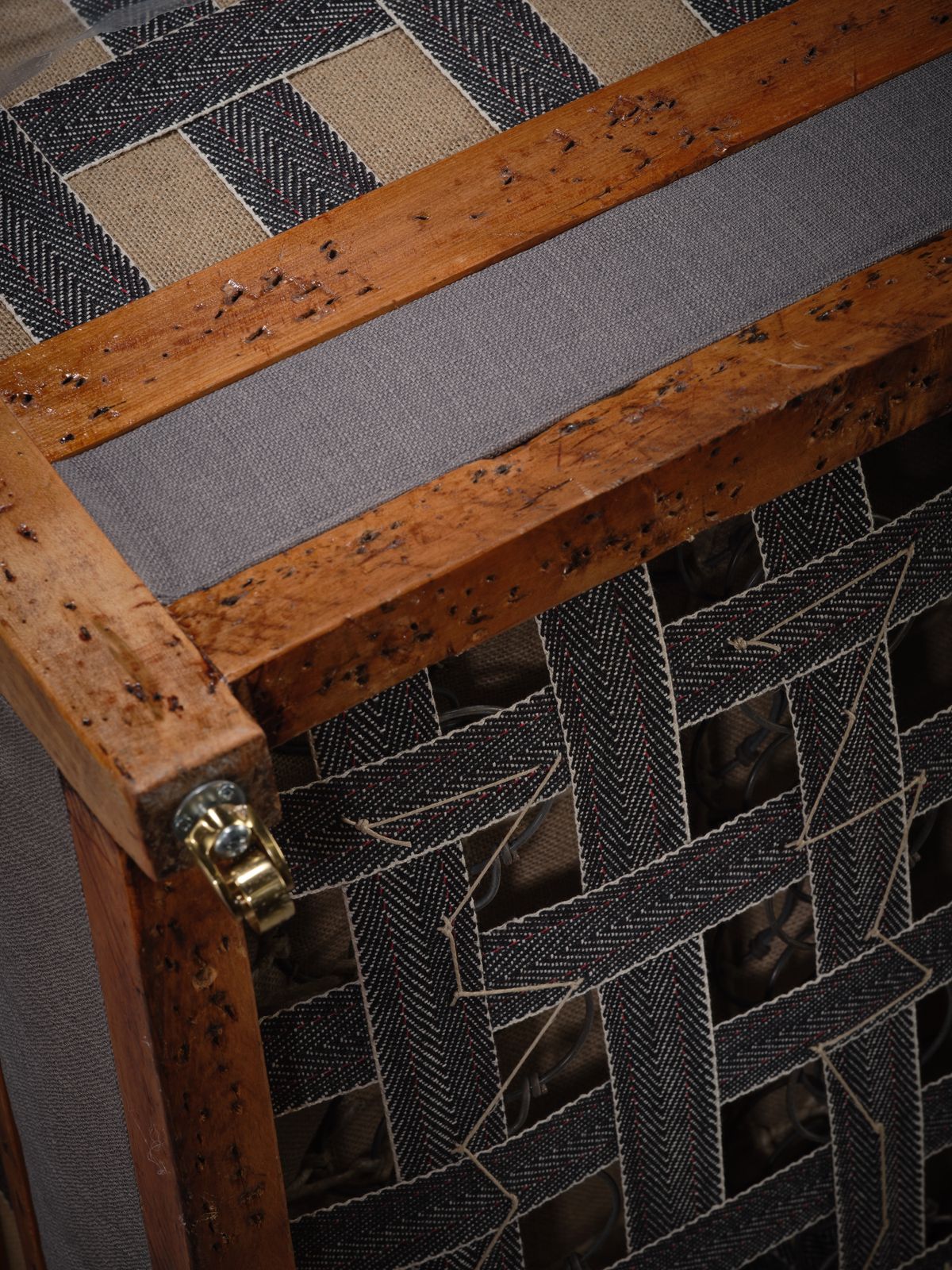 photo furniture Quirky Deconstructed Oak Victorian Armchair In Grey Linen With Exposed Frame, Circa 1920’s
