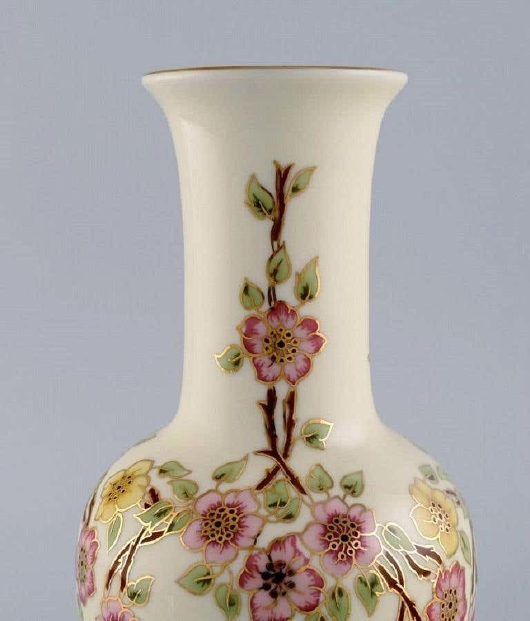 Zsolnay Vase In Cream Coloured Porcelain With Hand Painted Flowers photo for sale