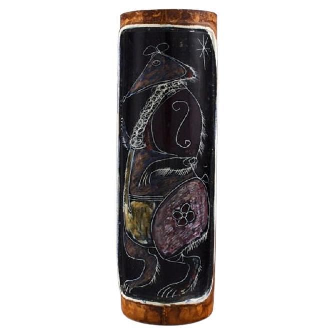 Fidia, Italy, Vase In Leather Covered Ceramics With Hand Painted Rat, 1960s